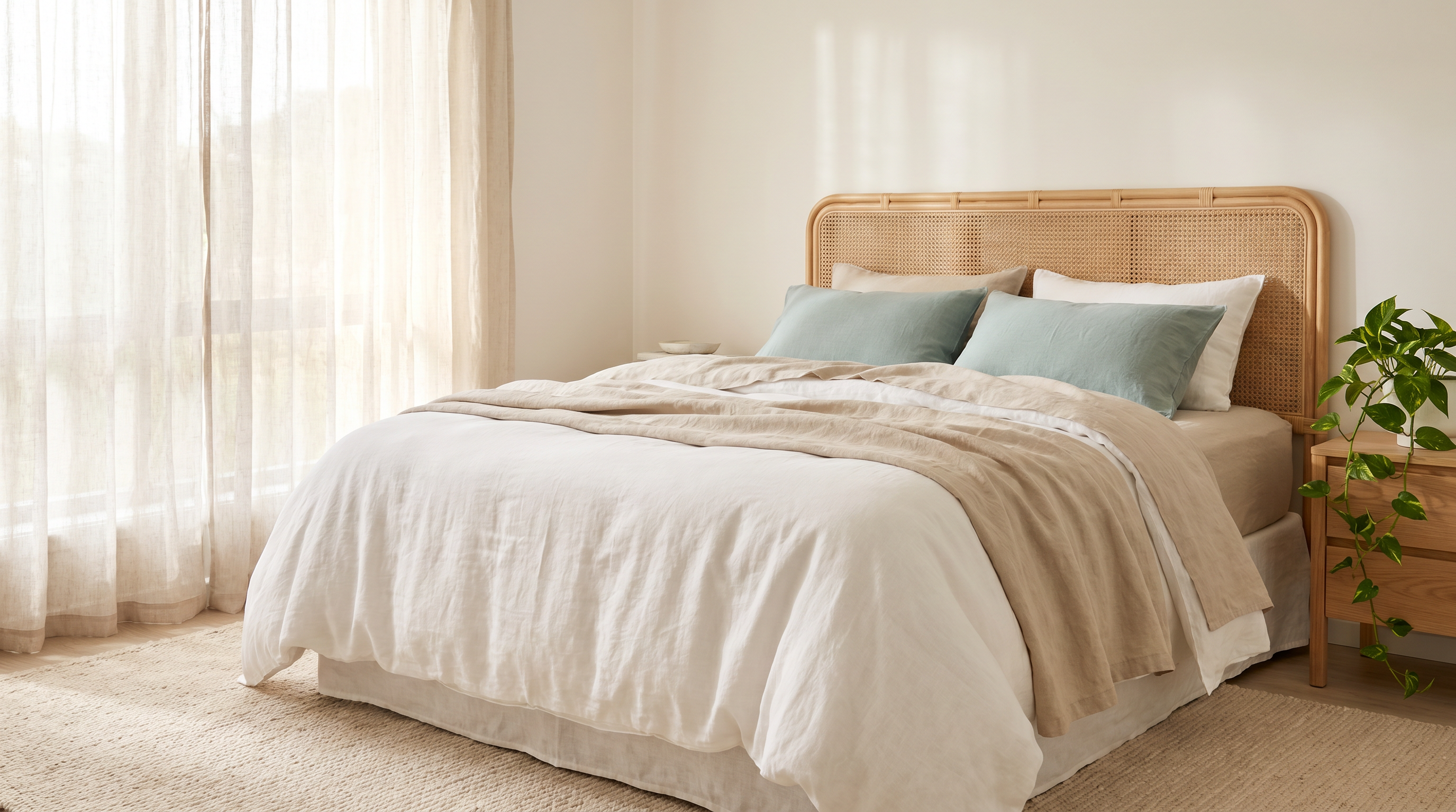 Calm coastal bedroom with natural linen bedding and soft blue-green accents