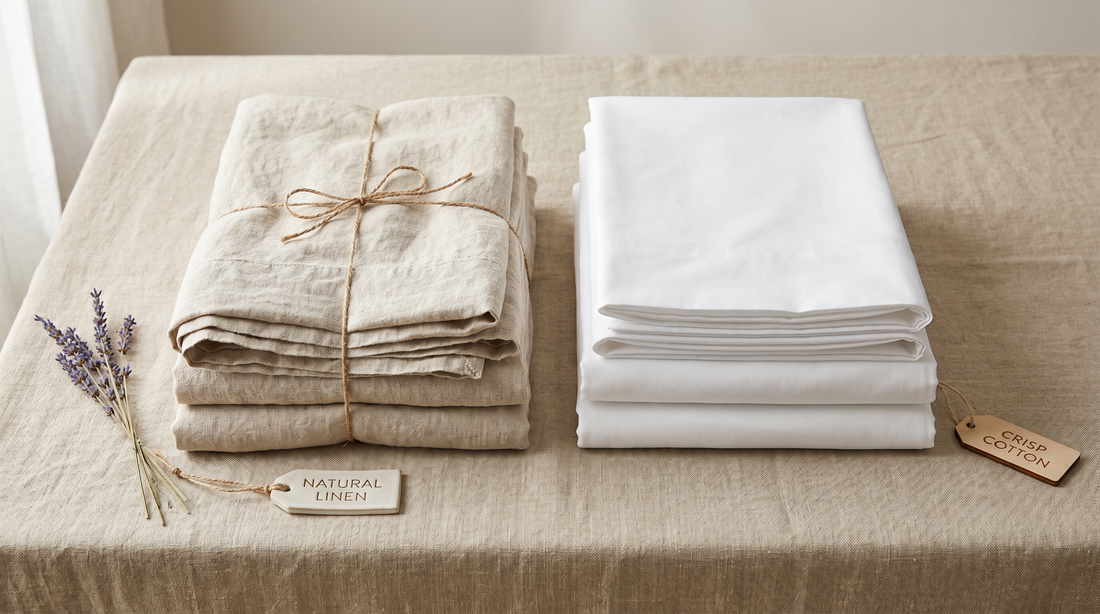 Folded natural linen and white cotton sheets compared side by side