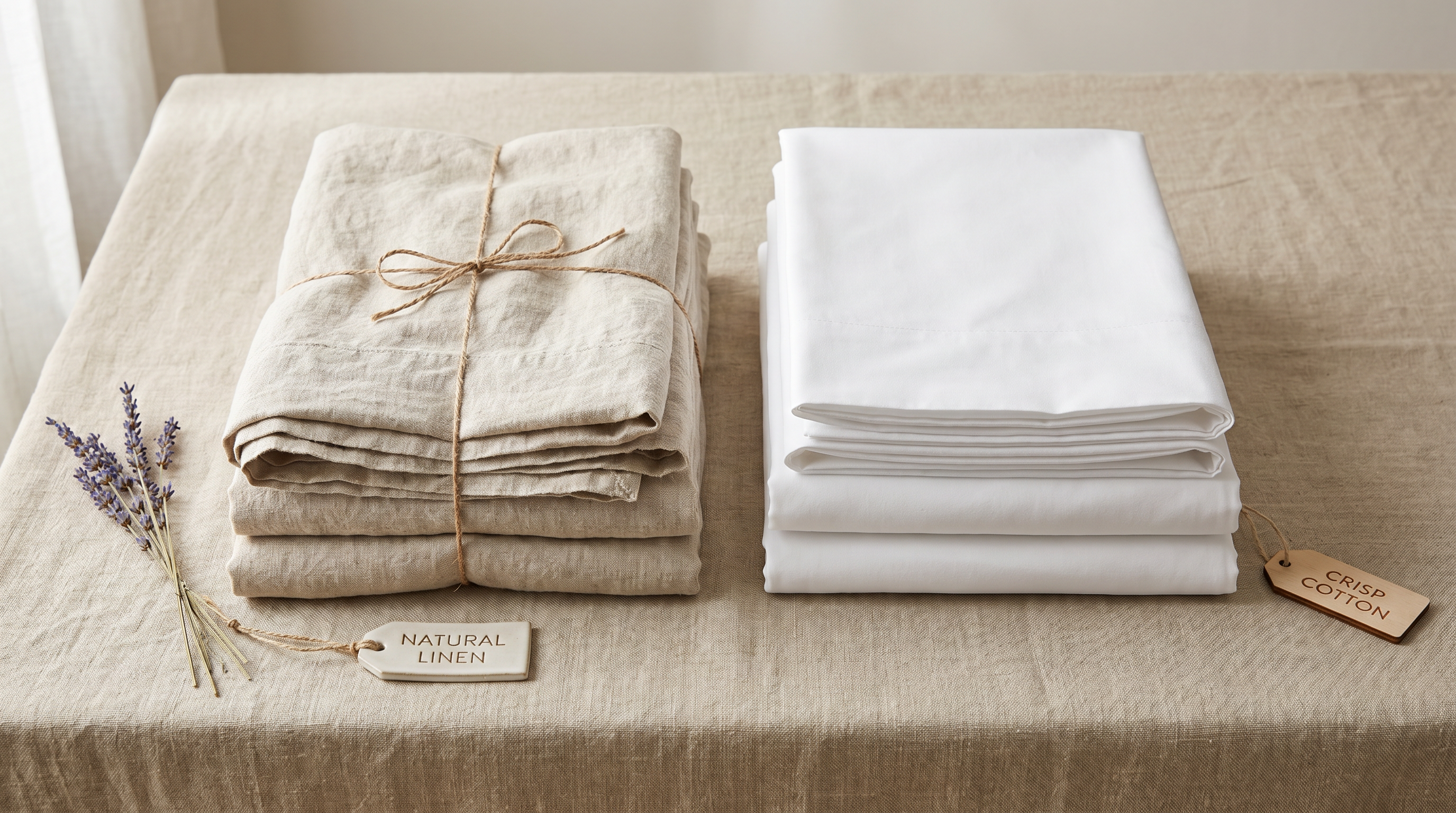 Folded natural linen and white cotton sheets compared side by side