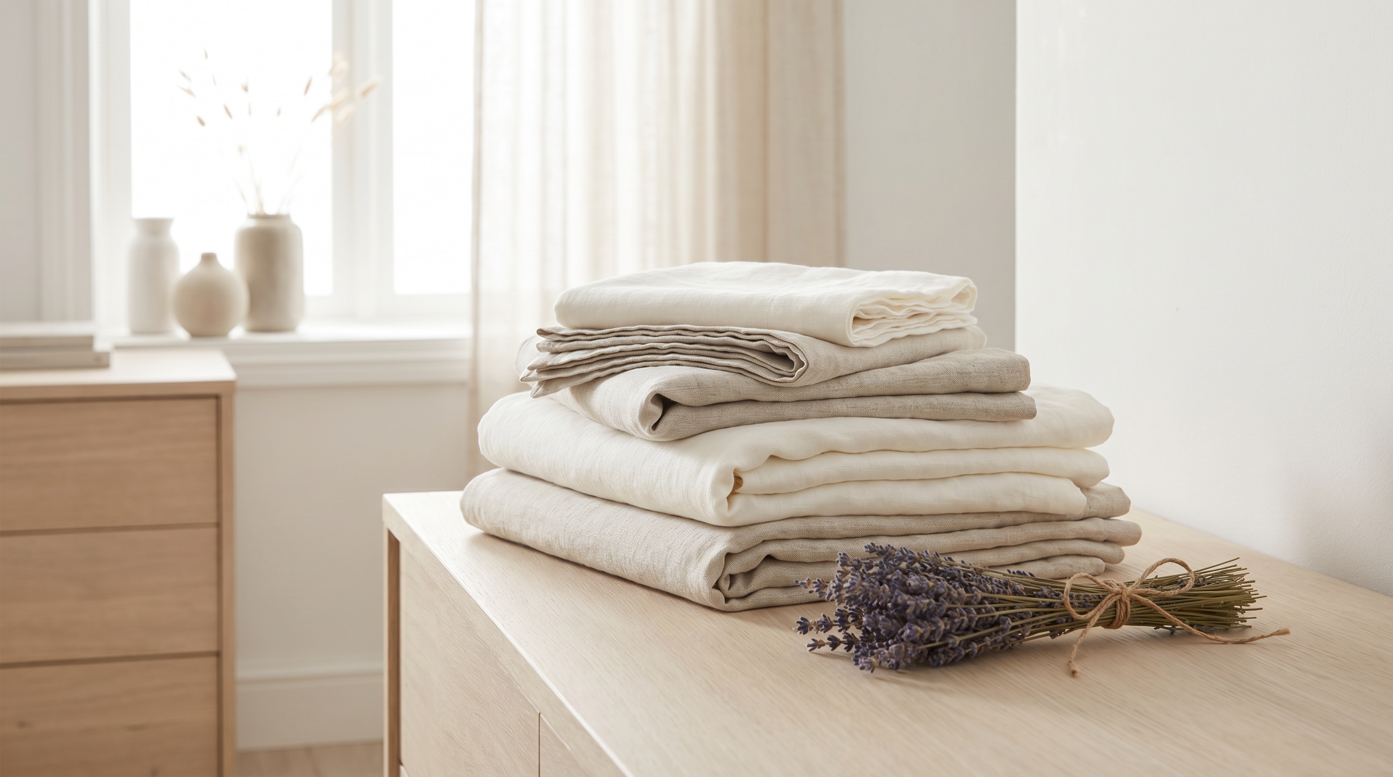 Freshly laundered folded natural linen sheets with dried lavender