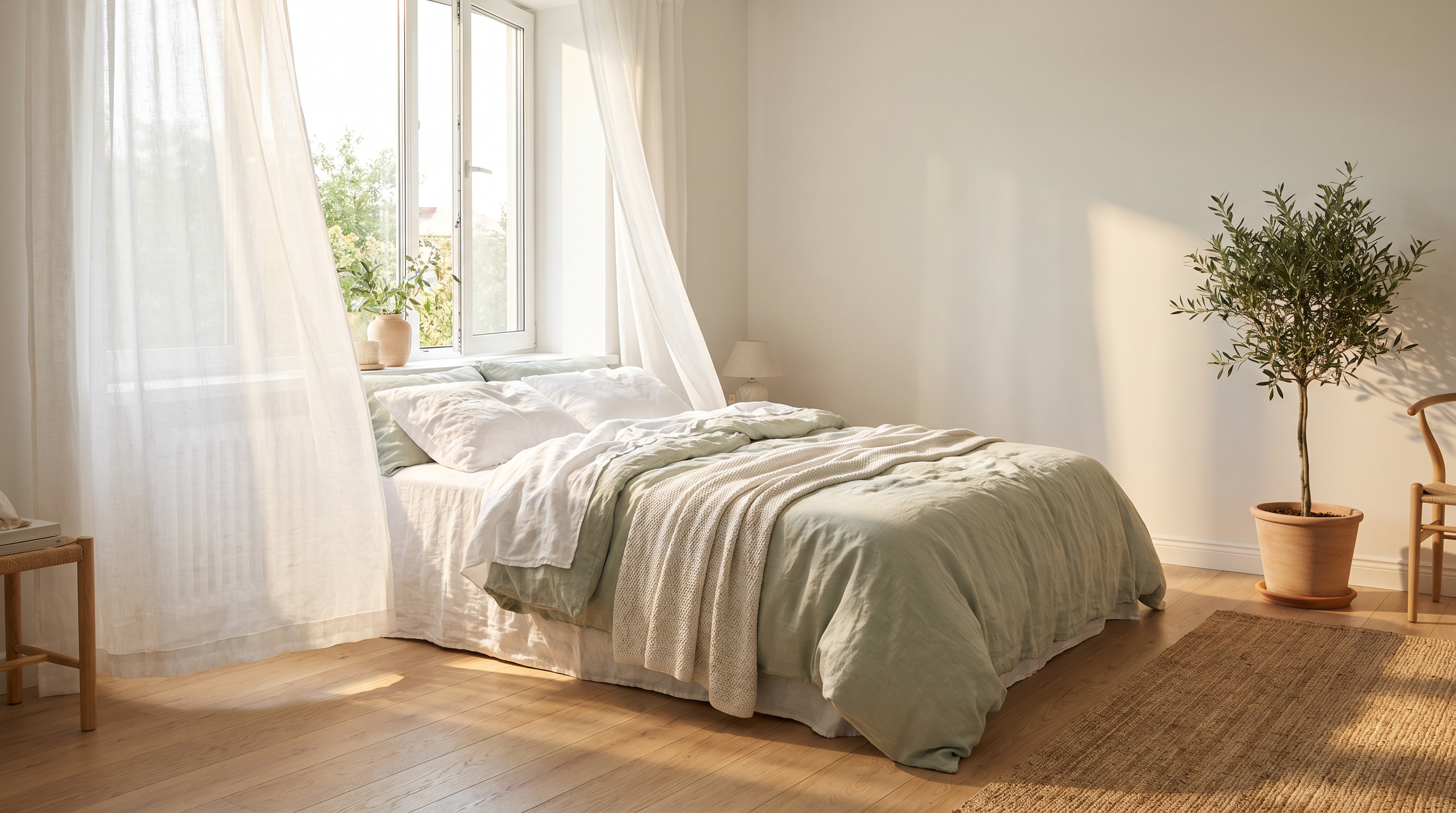 Cool, breezy summer bedroom with light linen sheets and an open window