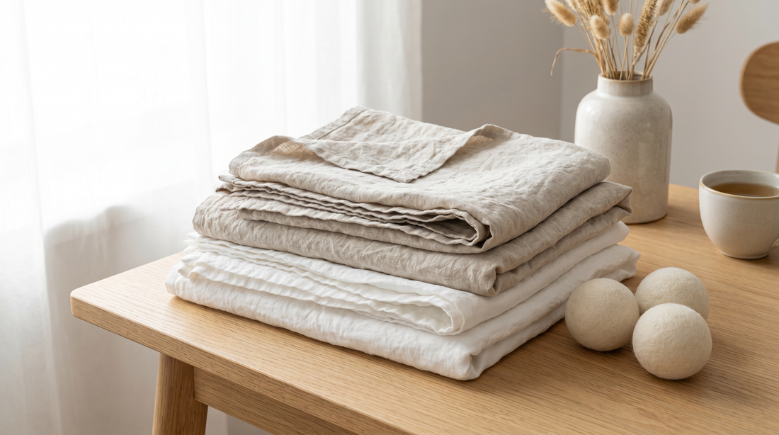 Freshly washed soft natural linen sheets folded with wool dryer balls