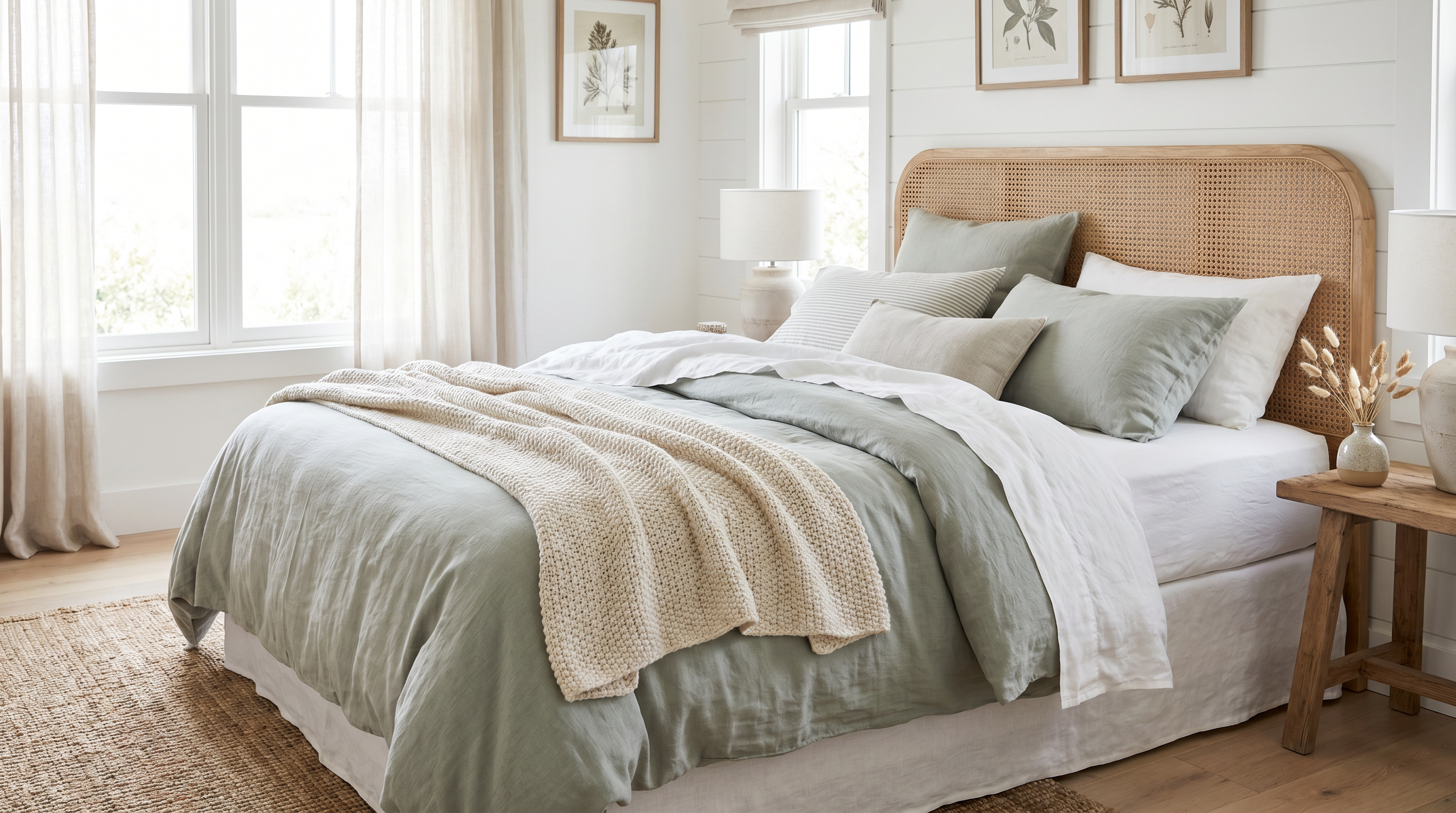Styled coastal bed with layered white and sage linen bedding and pillows