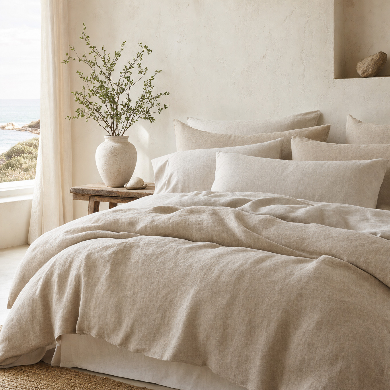 Coastal linen bedding set in oatmeal tones