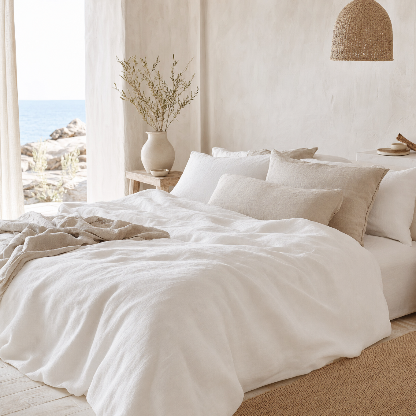 Linen duvet cover on a coastal bed
