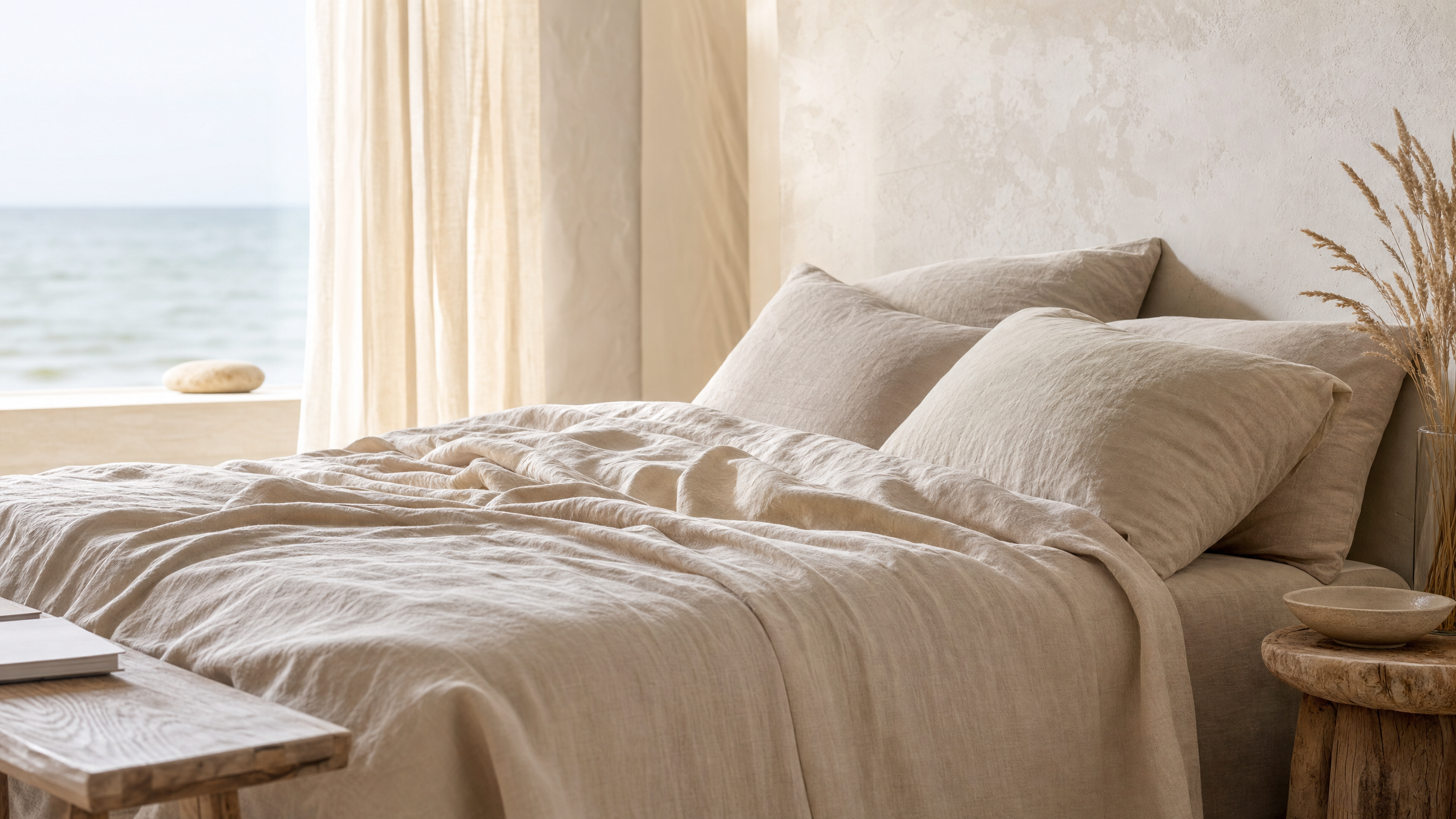 Coastal linen bedding in oatmeal and sand tones on a bed in a sunlit, airy bedroom