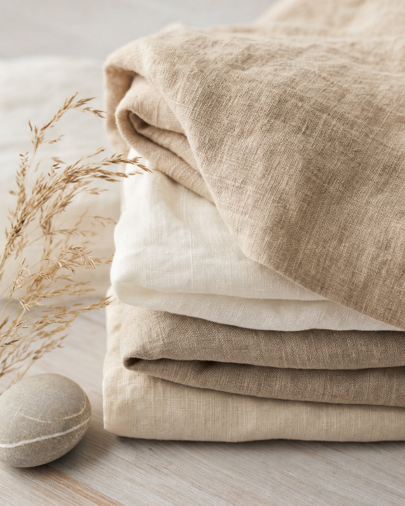 Folded stonewashed linen in oatmeal and sand tones with coastal styling