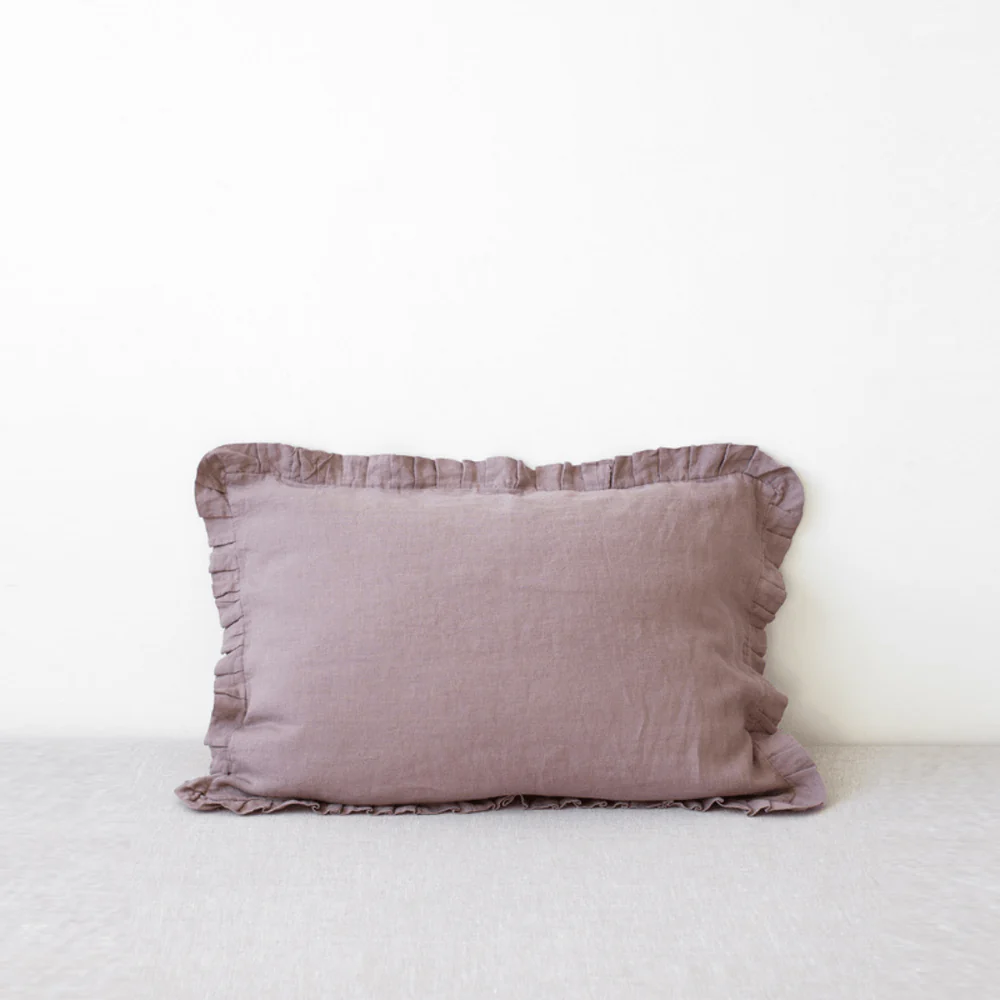 Ashes of roses pink frilled linen pillowcase with ruffle border