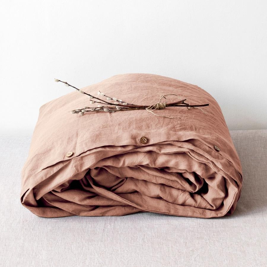 Cafe creme linen duvet cover on a bed