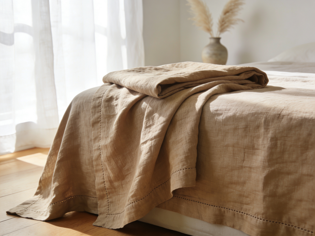 Natural linen flat sheet on a styled bed